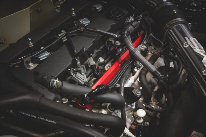 AMS Performance CNC Machined Aluminum Fuel Rail w/Pulsation Dampener - Red for EVO X