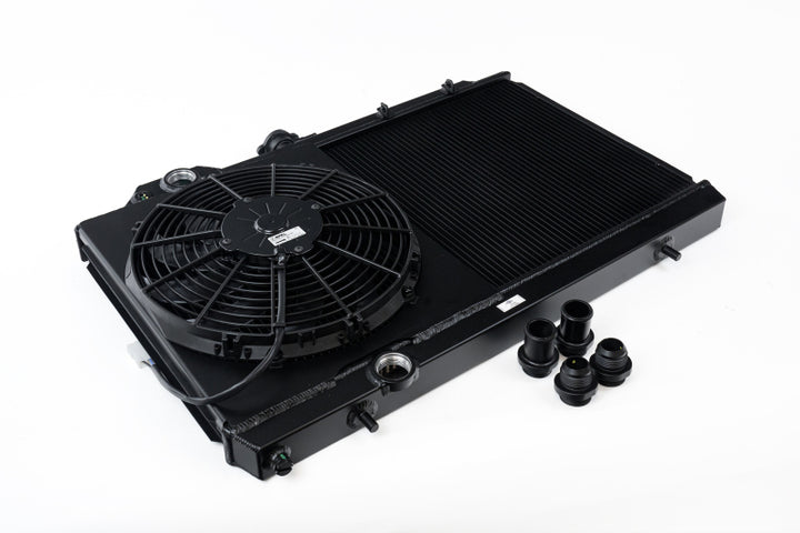 CSF Full-Slim Radiator w/12in Fan & Shroud/-16AN - Black for EVO 8/9