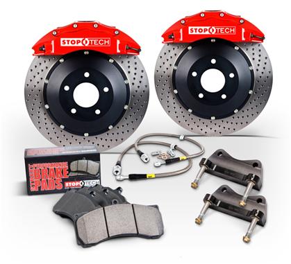 Stoptech Rear BBK w/ Black ST-22 Calipers Slotted 328X28mm Rotors Pads and SS Lines - Evo 8/9